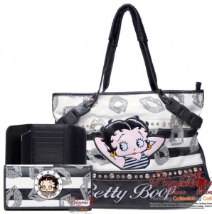 Combo!! Original Lips Pattern Leatherette Betty Boop Hand Bag w/ Stud And Accent Decor w/ Matching Wallet